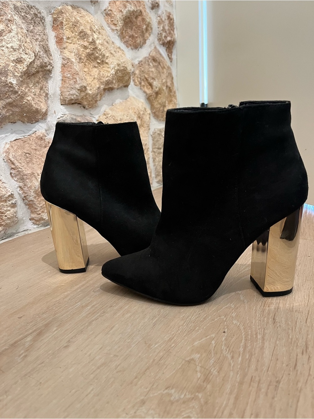 Charlotte Russe Black Suede Ankle Booties with Gold Block Heel